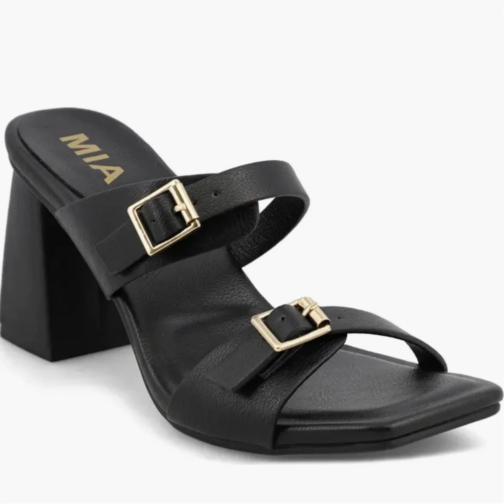 MIA Black Wedge Sandal with Gold Buckles